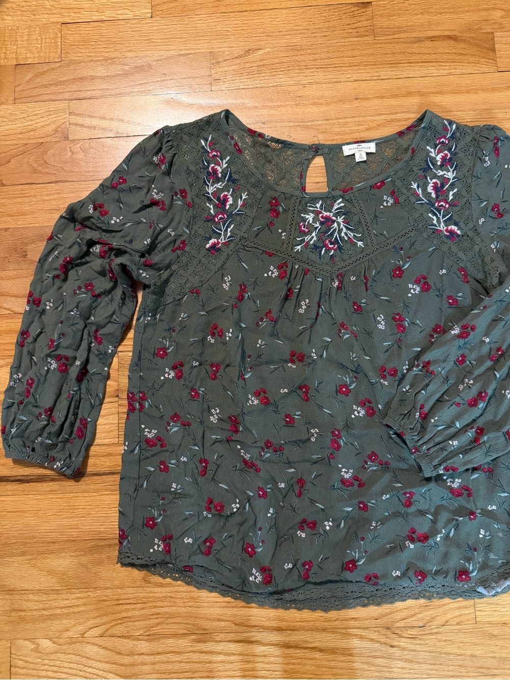 Mason & Belle Olive Green Floral Embroidered Peasant Blouse